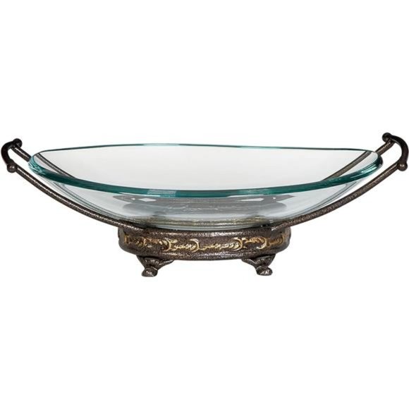 Tempered Glass Kitchen Serving Bowl with Brown Metal Base 17